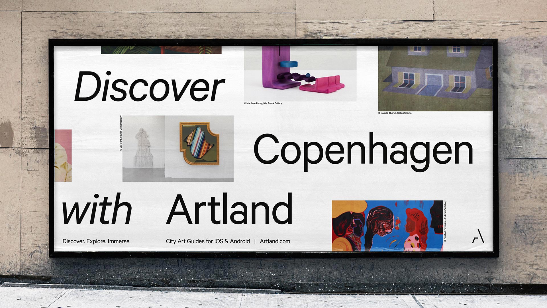 OOH print campaign design for Artland featuring images of works on show at galleries in Copenhagen