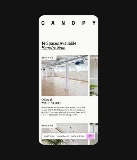 Mobile layout design for the Canopy Cowork website