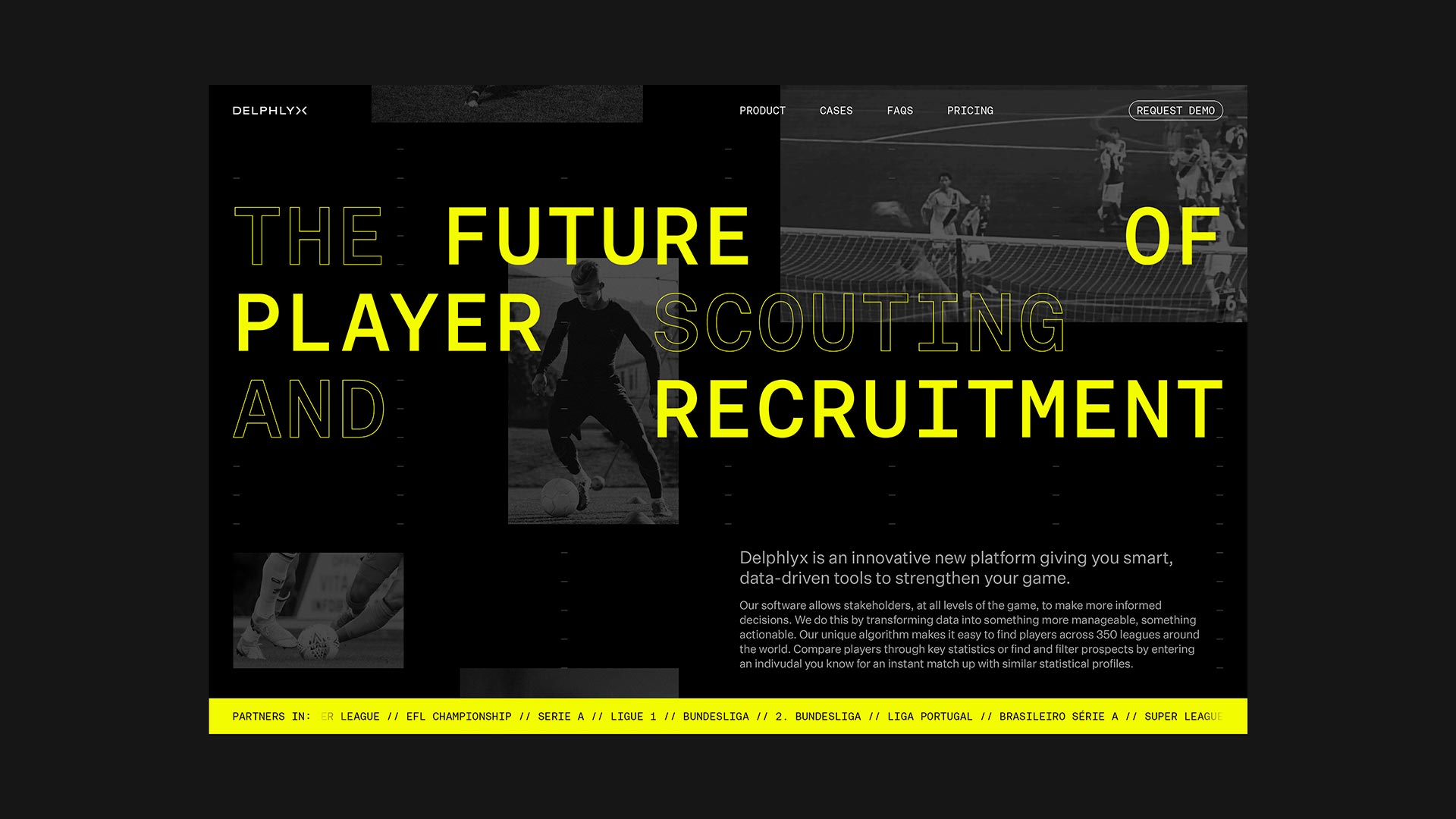 Delphlyx website landing page design featuring the header The Future of Player Scouting and Recruitment